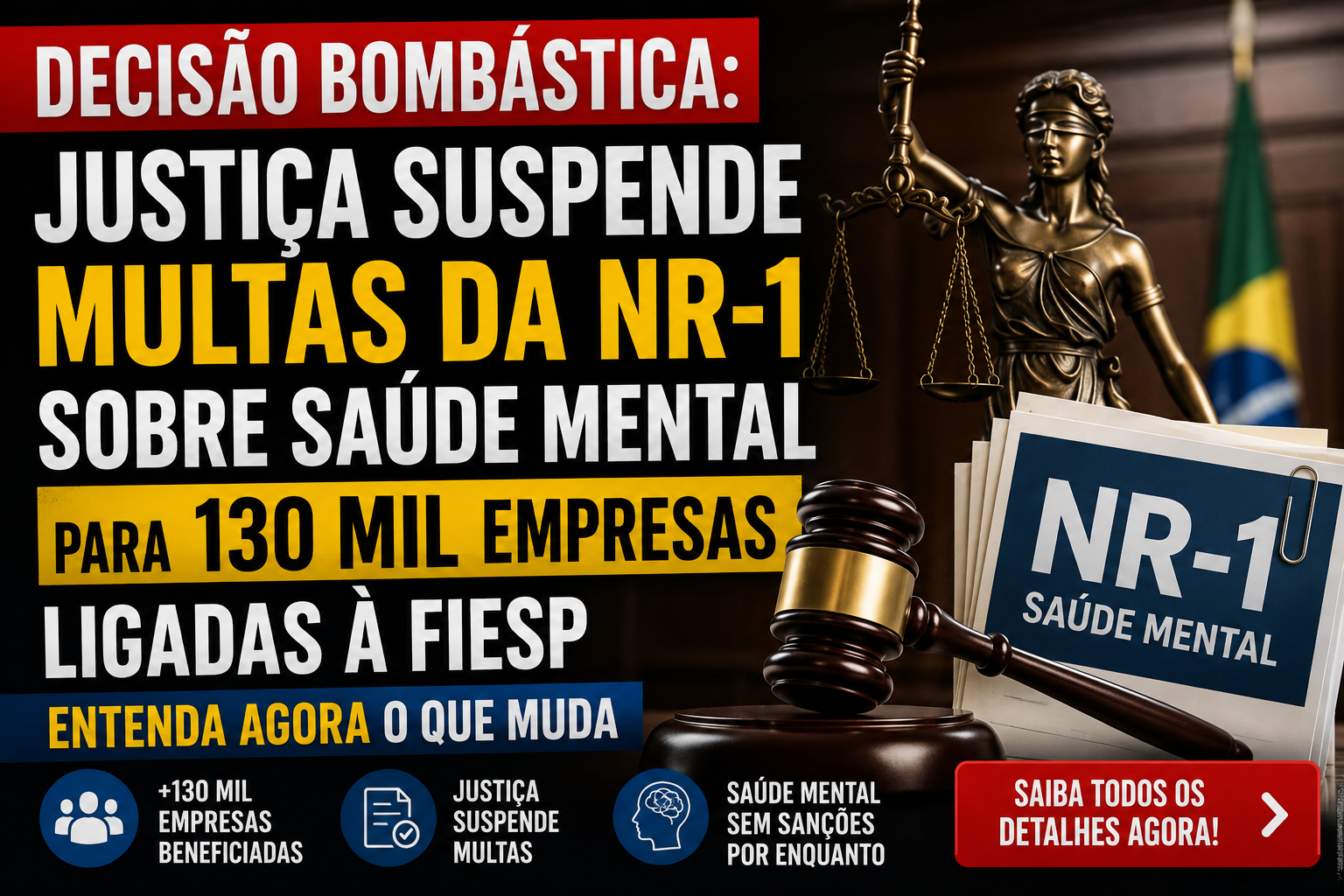 Decisão Bombástica: justiça suspende multas da NR-1 sobre saúde mental para 130 mil empresas ligadas à FIESP, entenda agora o que muda